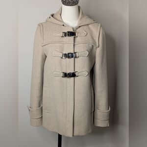 Zara Women's Tan Pea Coat Wool Pockets Chunky Khaki Size S Black Gold Buckle